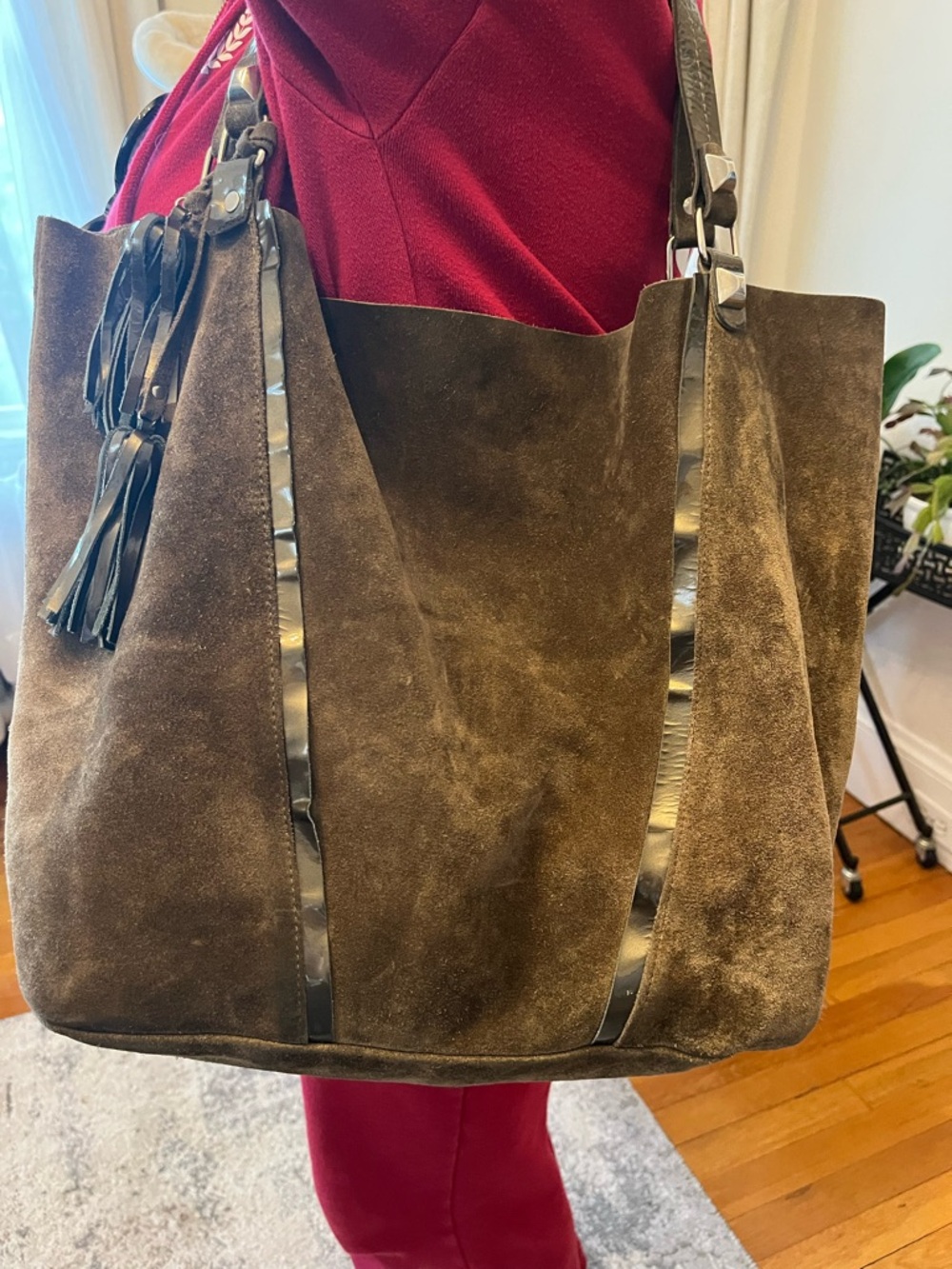 Prune Dark Brown Suede Tote with Tassel Detail